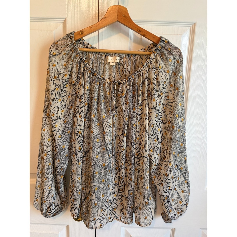 Lovestitch Women S/M Birch Tree Print Peasant Blouse Gold Shimmer Dots Boho Top
